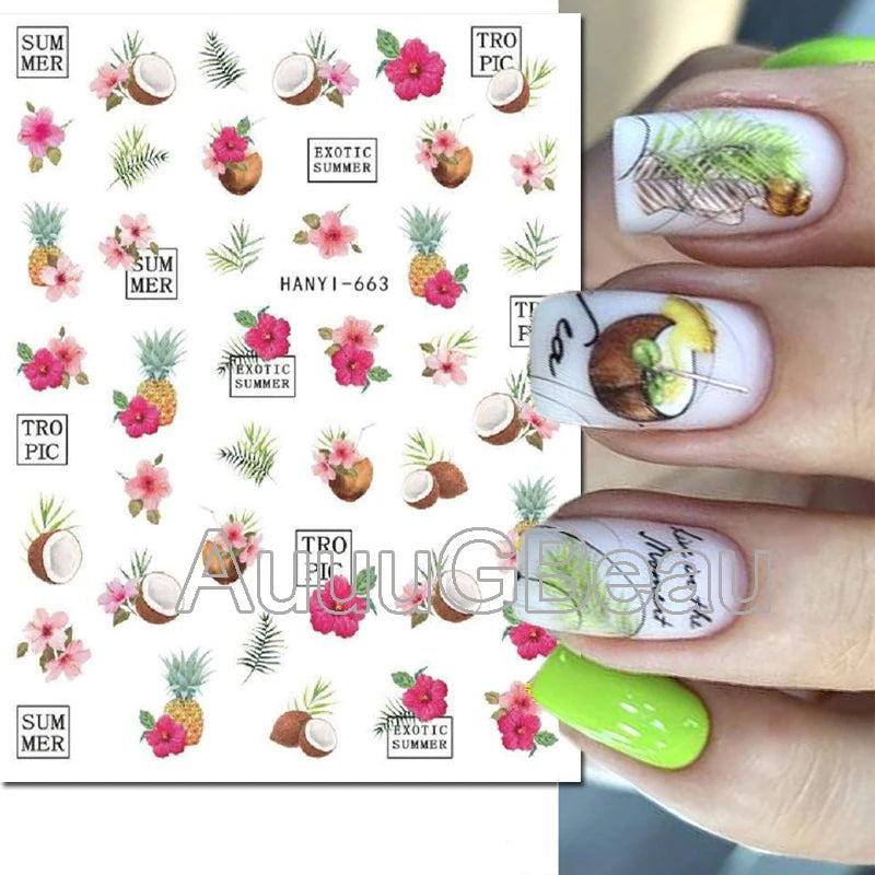 3d Nail Art Decals Geometric Lines Coconut Tree Palms Leaves Flowers Adhesive Sliders Nail Stickers Decorated Manicure