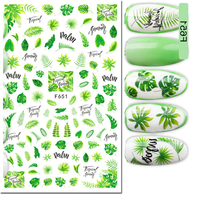 3d Nail Art Decals Geometric Lines Coconut Tree Palms Leaves Flowers Adhesive Sliders Nail Stickers Decorated Manicure