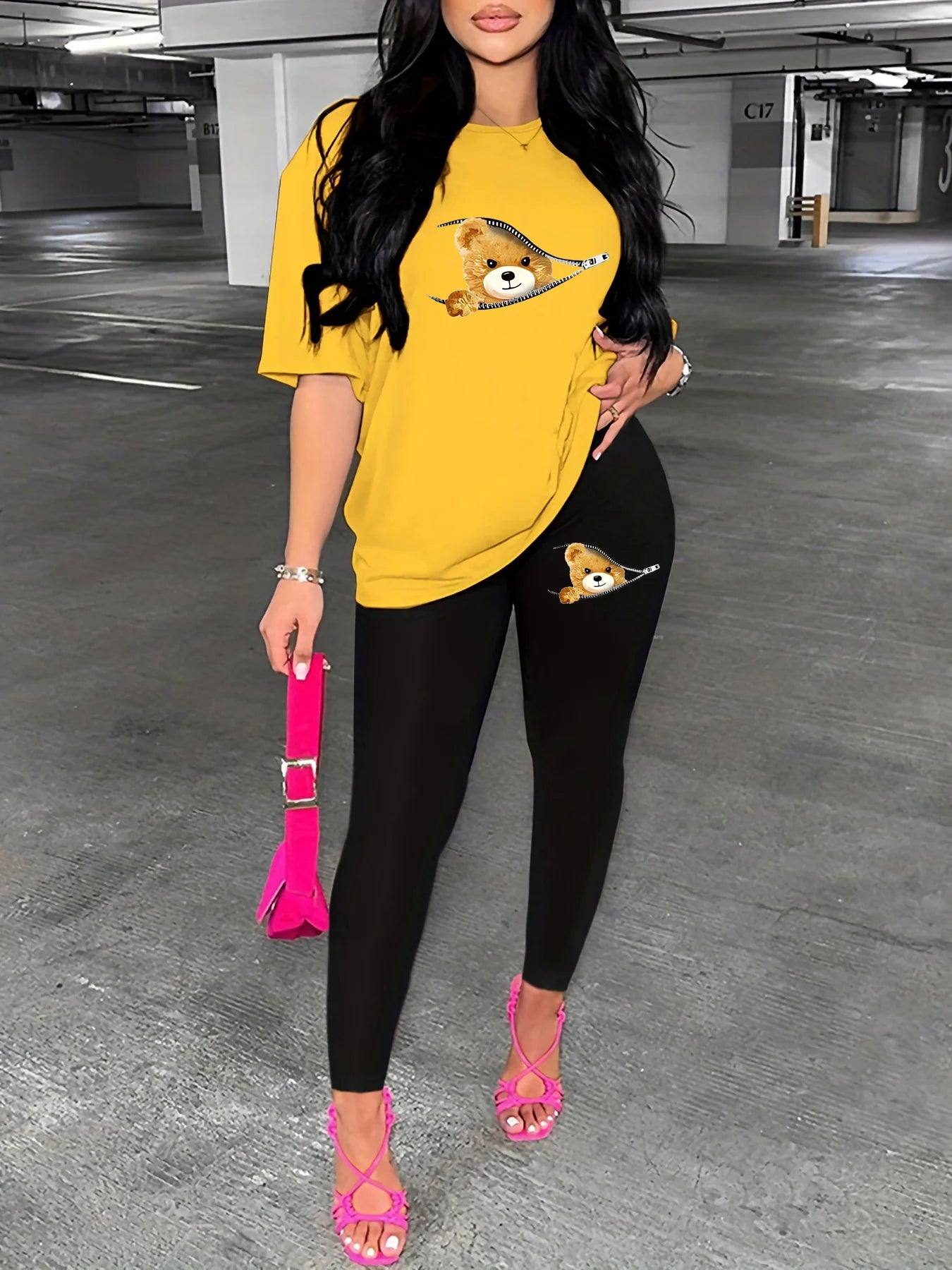 Women's spring and summer loose casual plus cartoon bear print round neck short sleeved T-shirt+tight pants two-piece set