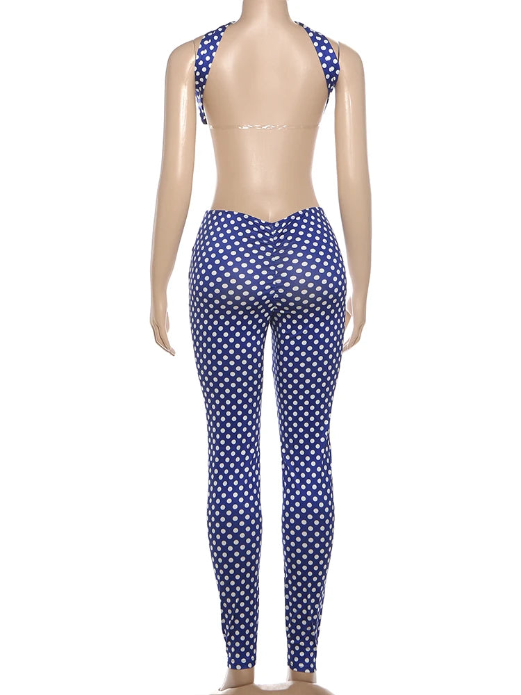 Nibber Hottie Women Dot Print 2 Piece Set Tracksuit Sexy Backless Halter Tank Tops+Leggings Matching Streetwear Stretch Outfits