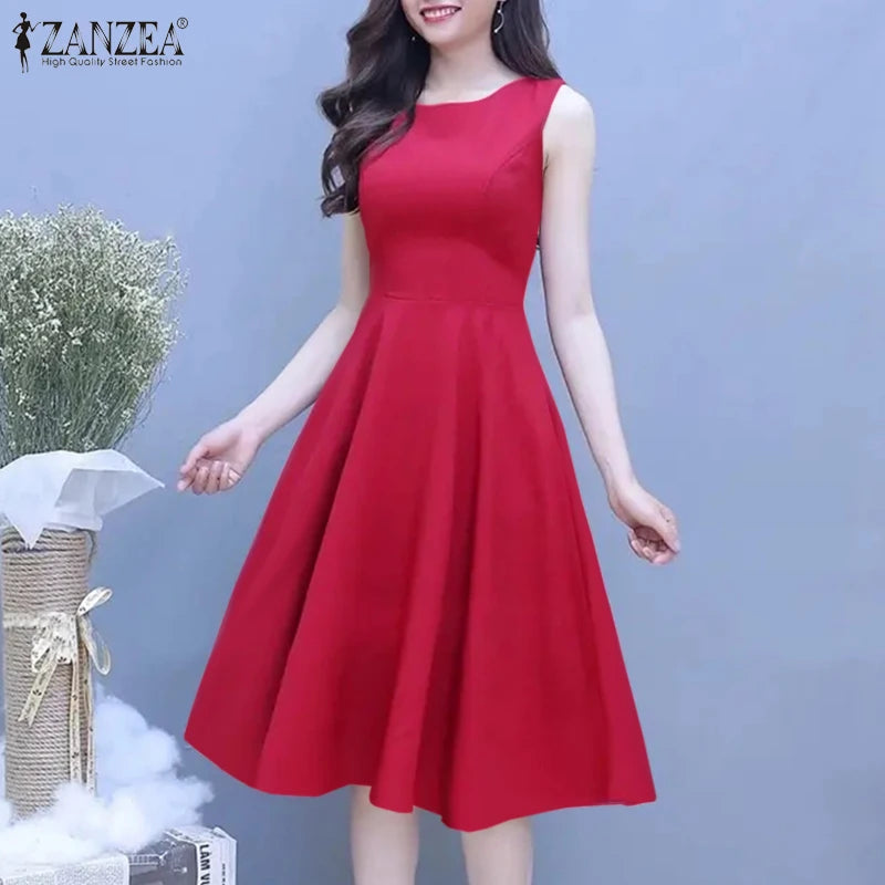 ZANZEA Vintage A-line Party Robe Women Sleeveless Basic Dress 2024 Summer Solid Tank Vestidos Elegant Collect Waist Midi Dresses
