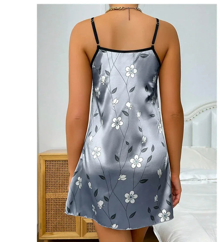 Women's Sleepwear Summer Floral Print Satin Nightgown Casual Sleeveless Backless Slip Night Dress Sexy Nightdress Home Clothes