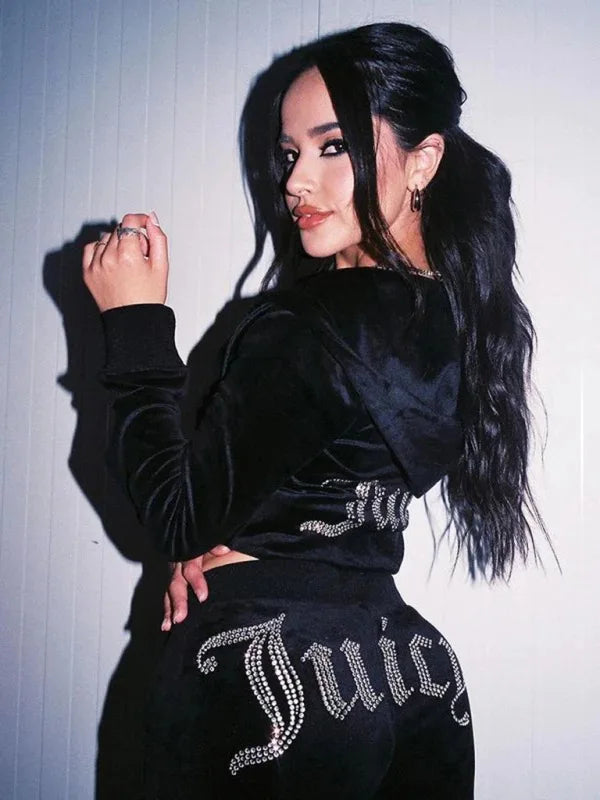 Ladies Casual Sportswear Set Pure Color Letter Rhinestone Long Sleeve Hoodie Loose Pants Two Piece Set Street Style Polyester