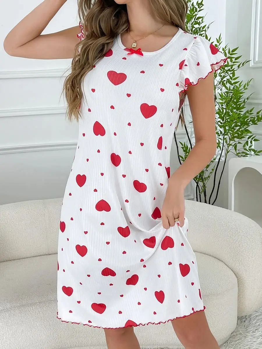 Women's Round-Neck All-Season Spring/Summer Dress Nightgown Casual Cute Heart Print Lazy Ins-Style Long Nightdress Summer Pajama