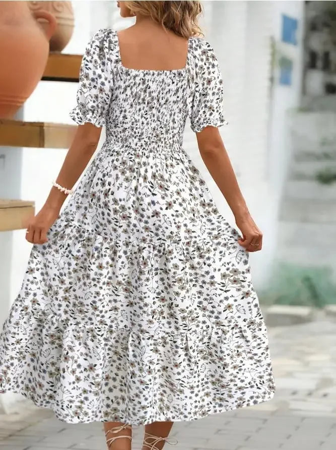 2025 New Women's Printed Dress Square Collar Bubble Sleeve Empire Waist Midi Dress Short Sleeve Cross-Border Independent Station