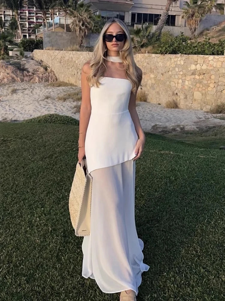 Elegant Women's Strapless Ribbon Long Dress Mesh Maxi Dresses Summer Evening Party Wedding Guest White Yellow Burgundy Brown New