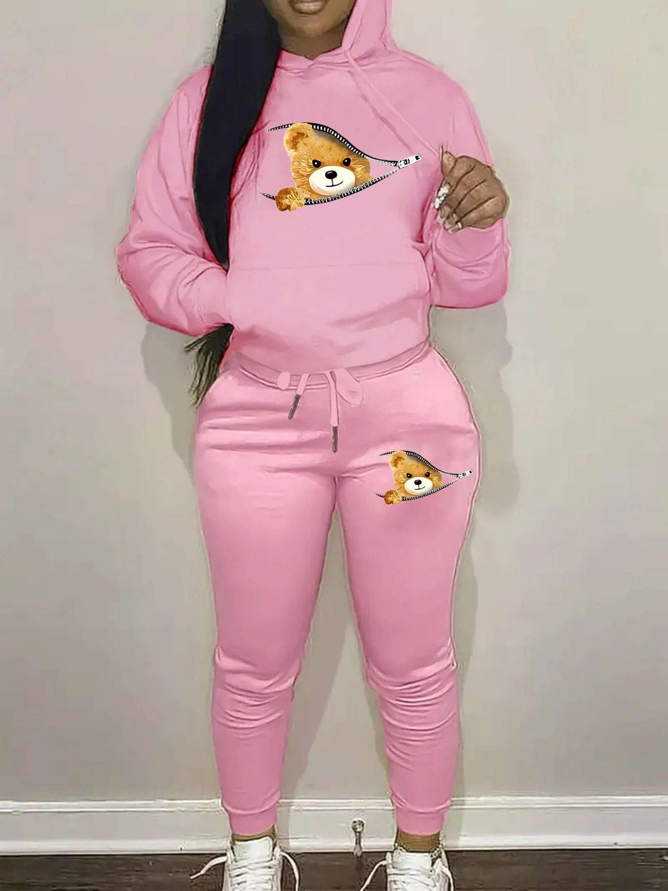 Women's autumn and winter fashion casual hip-hop street cartoon bear zipper print warm hooded sweatshirt+sports pants set