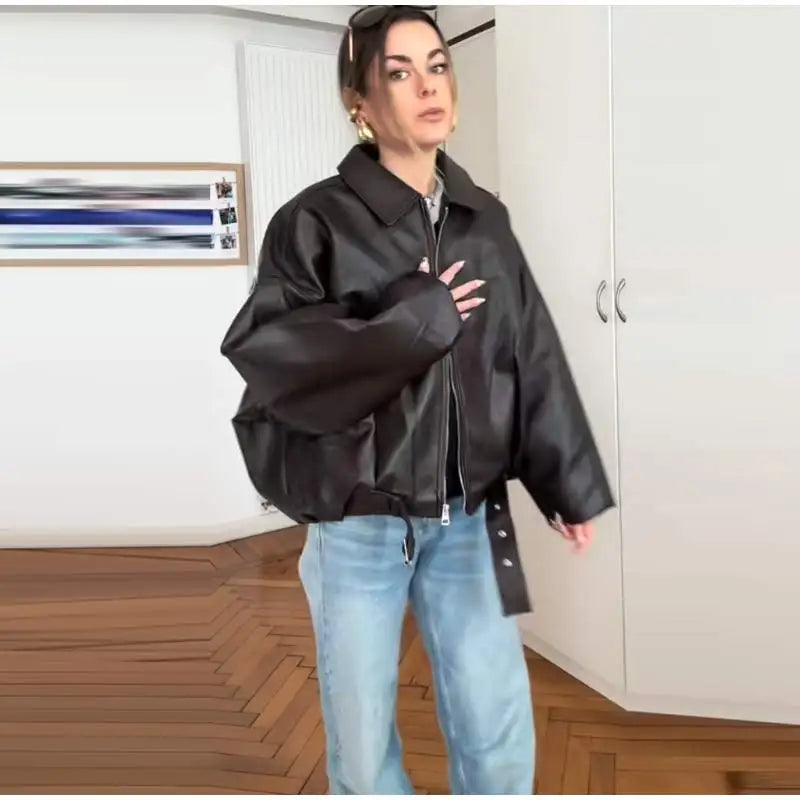 Chaqueta Bomber de Cuero PU Estilo Vintage