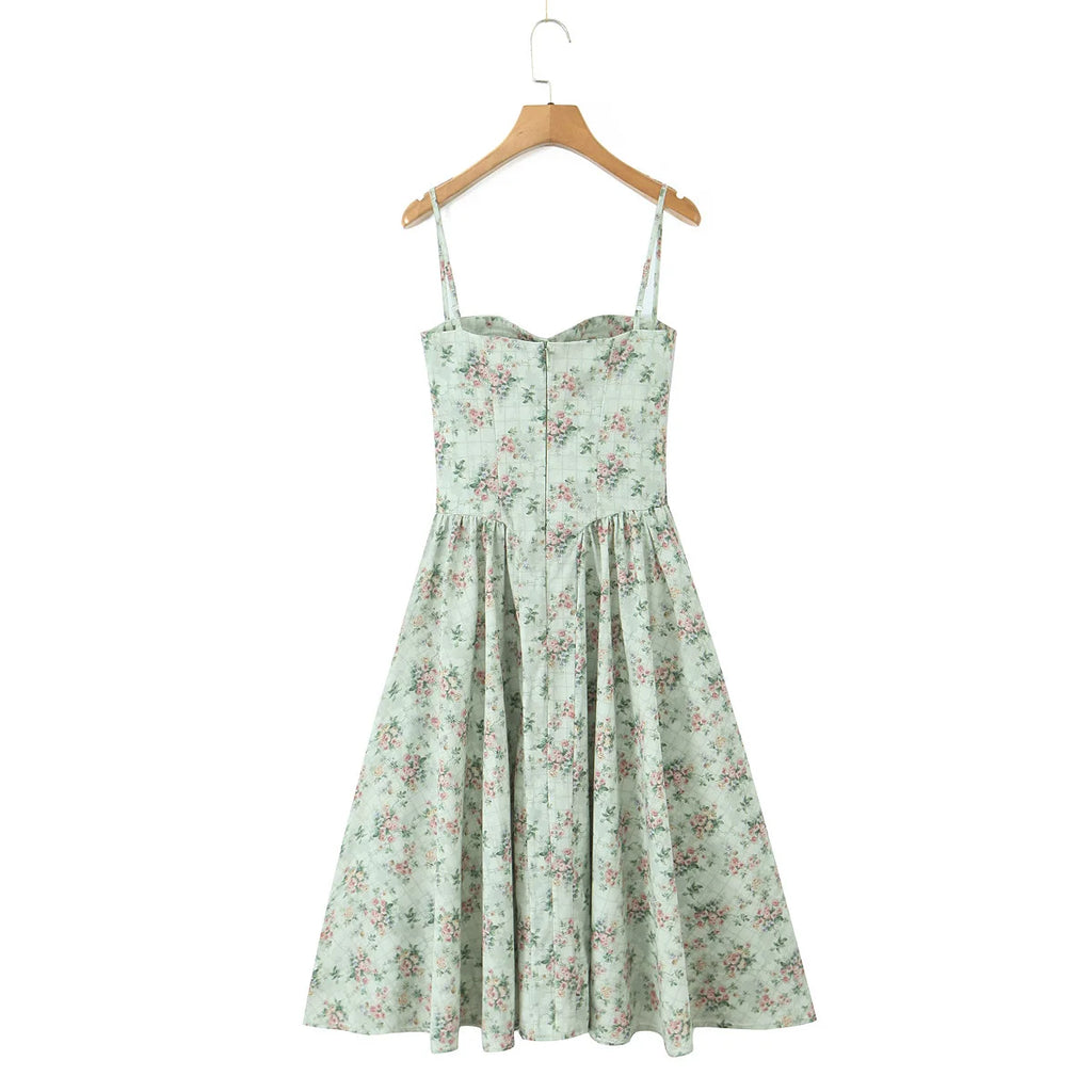 YENKYE Green Floral Print Sexy Spaghetti Straps Dress Women Low Waist A-line Midi Holiday Summer Dresses Party Robe 2025 Vestido