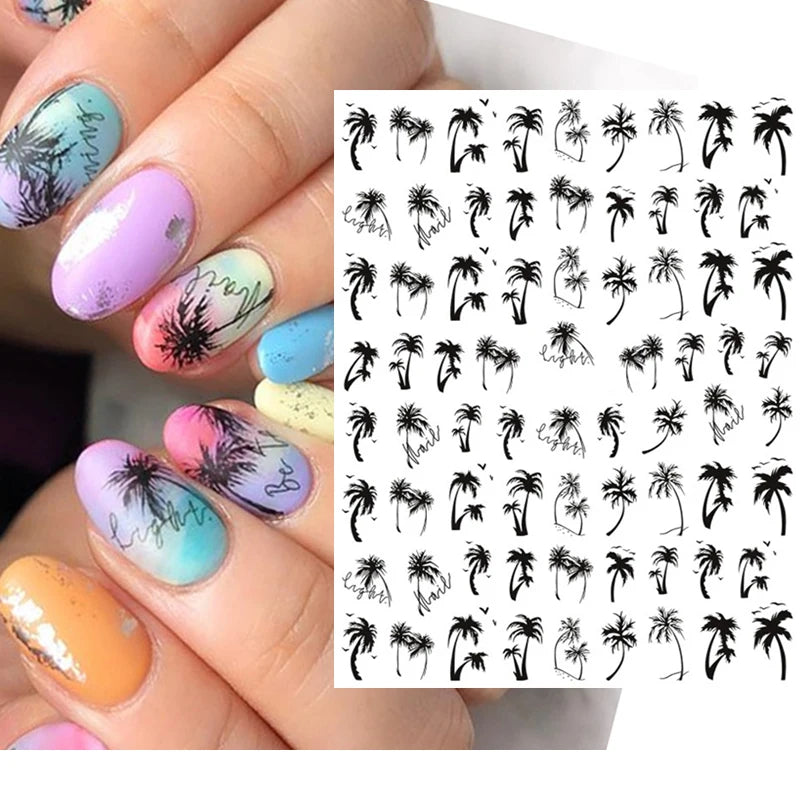 3d Nail Art Decals Geometric Lines Coconut Tree Palms Leaves Flowers Adhesive Sliders Nail Stickers Decorated Manicure