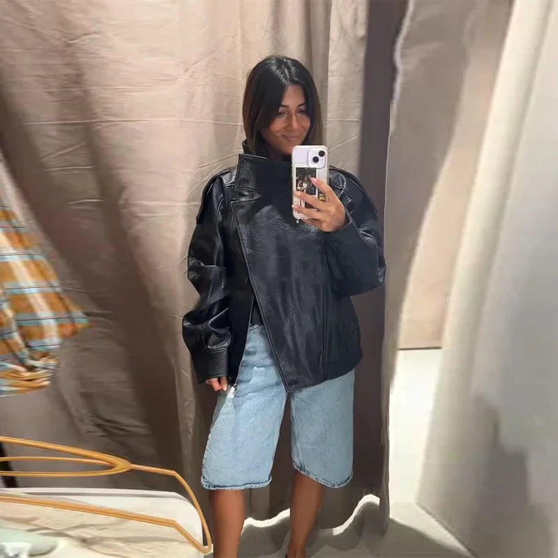 Chaqueta Bomber de Cuero PU Estilo Vintage