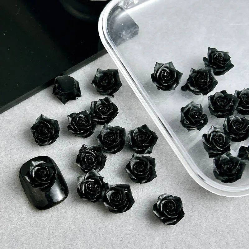 30PCS Resin Minimalist Black Rose Nail Art Charms 3D Cool RoseFlowers Nail Decoration Accessories for DIY Manicure Crafts