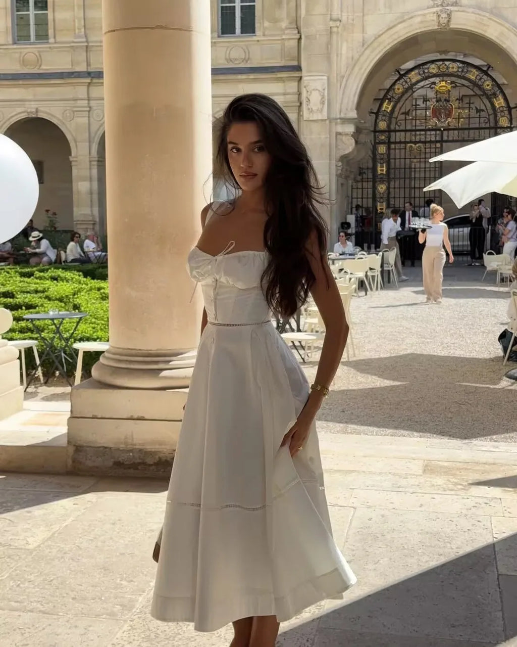 YENKYE Sexy Lace Up Bandage Back Elegant White Sling Dress Women Front Button A-line Cotton Corset Style Summer Dress Midi Robe