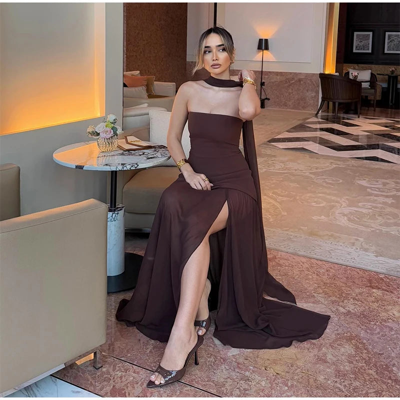Elegant Women's Strapless Ribbon Long Dress Mesh Maxi Dresses Summer Evening Party Wedding Guest White Yellow Burgundy Brown New