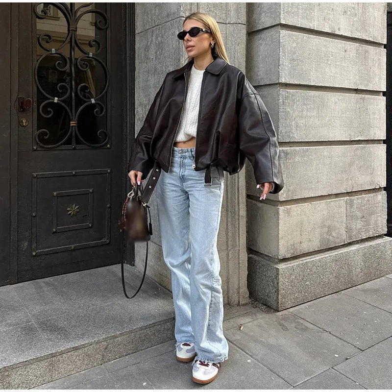 Chaqueta Bomber de Cuero PU Estilo Vintage