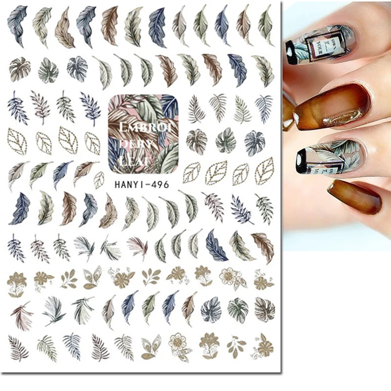 3d Nail Art Decals Geometric Lines Coconut Tree Palms Leaves Flowers Adhesive Sliders Nail Stickers Decorated Manicure