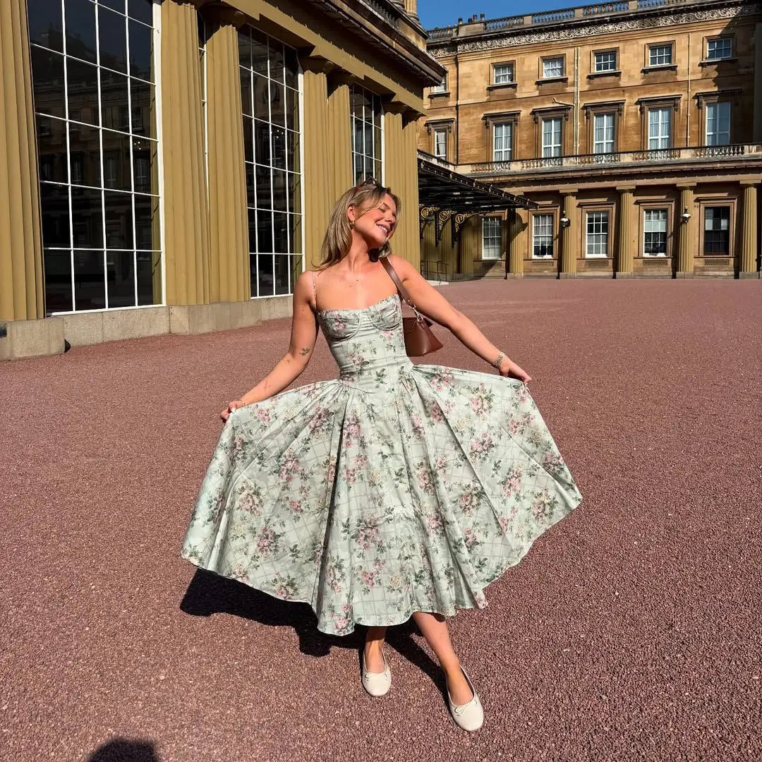 YENKYE Green Floral Print Sexy Spaghetti Straps Dress Women Low Waist A-line Midi Holiday Summer Dresses Party Robe 2025 Vestido