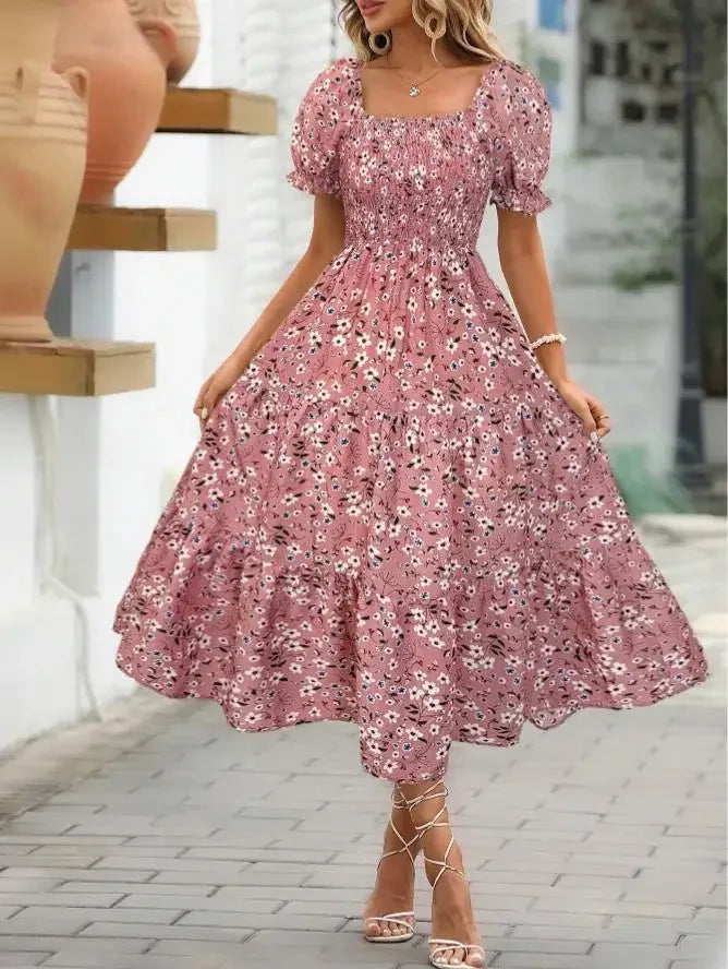 2025 New Women's Printed Dress Square Collar Bubble Sleeve Empire Waist Midi Dress Short Sleeve Cross-Border Independent Station
