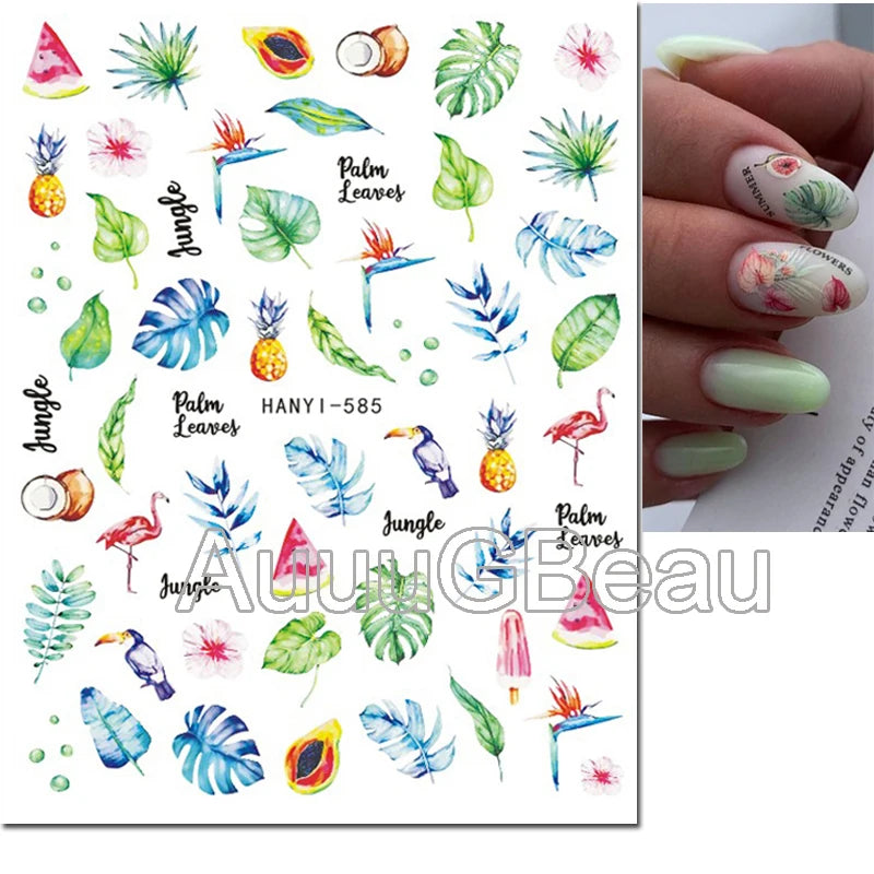 3d Nail Art Decals Geometric Lines Coconut Tree Palms Leaves Flowers Adhesive Sliders Nail Stickers Decorated Manicure