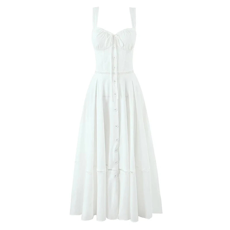 YENKYE Sexy Lace Up Bandage Back Elegant White Sling Dress Women Front Button A-line Cotton Corset Style Summer Dress Midi Robe