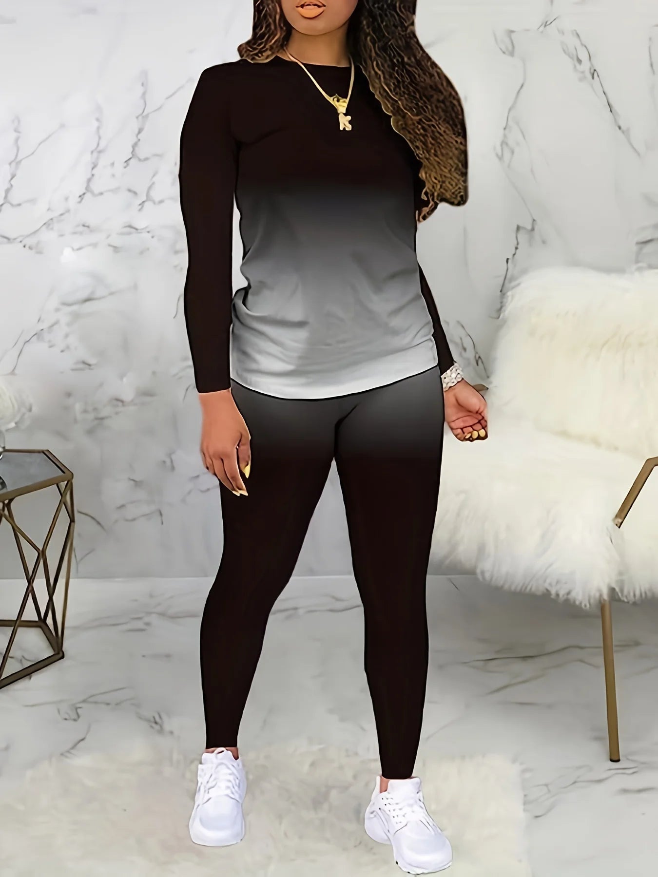 Plus size European and American cross-border spring and autumn new round neck gradient long sleeve trousers casual suit