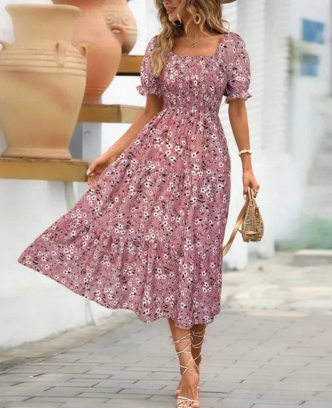 2025 New Women's Printed Dress Square Collar Bubble Sleeve Empire Waist Midi Dress Short Sleeve Cross-Border Independent Station