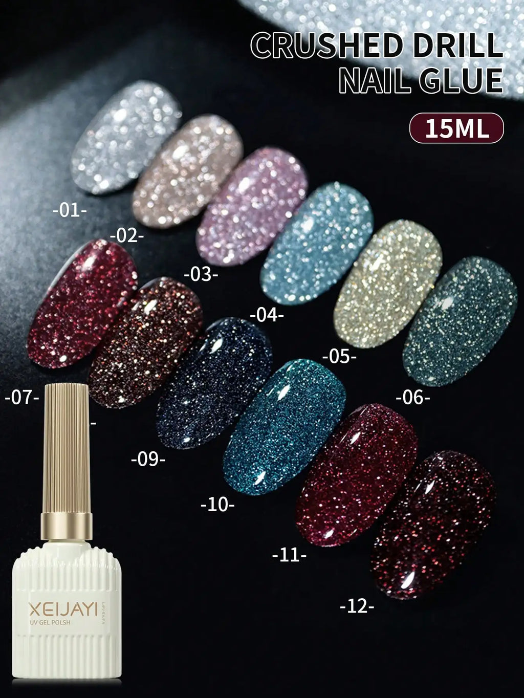15ml 12Colors Reflective Disco Diamonds Gel Nail Polish With the Holographic Glitter Diamond Collection Gel Nail Polish