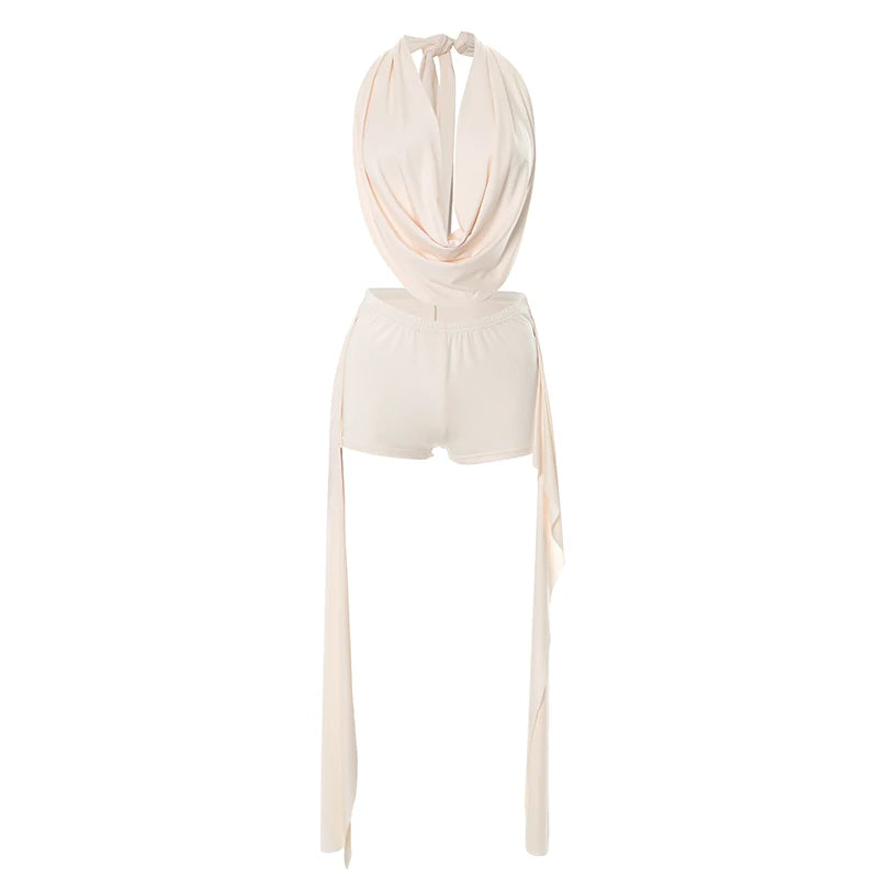 Weird Puss Elegant Women 2 Piece Set Halter Swing Collar Backless Sexy Tank Tops+Side Tassel Shorts Matching Clubwear Outfits