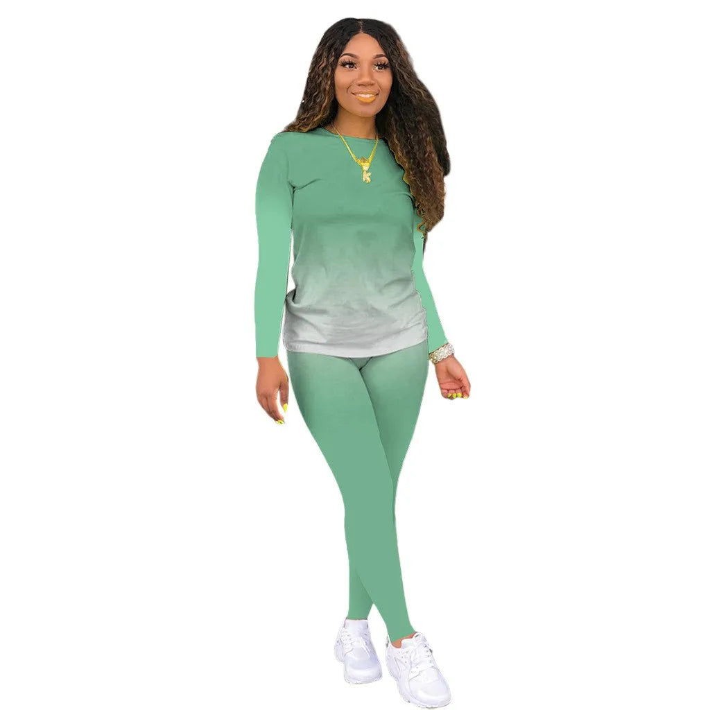 Plus size European and American cross-border spring and autumn new round neck gradient long sleeve trousers casual suit