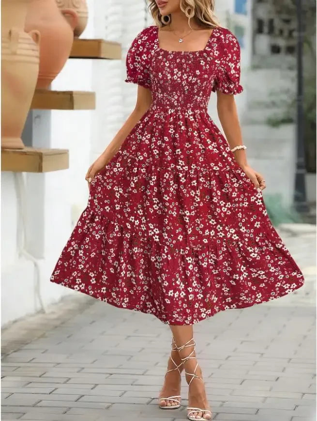 2025 New Women's Printed Dress Square Collar Bubble Sleeve Empire Waist Midi Dress Short Sleeve Cross-Border Independent Station