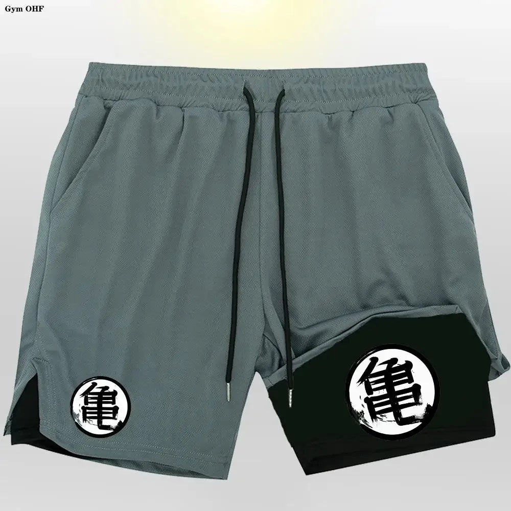 Goku Anime Running Shorts Men Fitness Gym Training 2 in 1 Sports Shorts Quick Dry Workout Jogging Double Deck Shorts