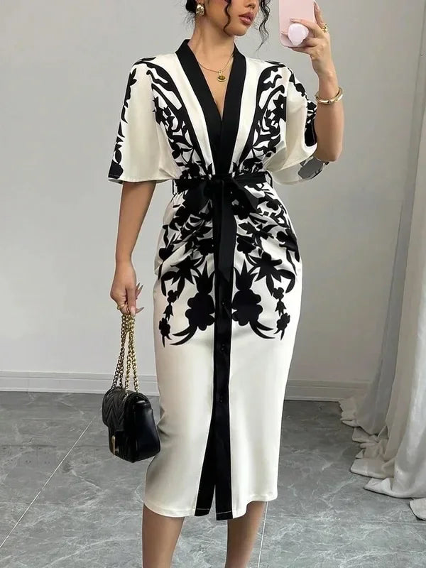 UOOZEE Office Ladies Office A-line Dress 2025 New Summer Half Sleeves V-Neck Tied Waist Flower Printed Evening Midi Dresses