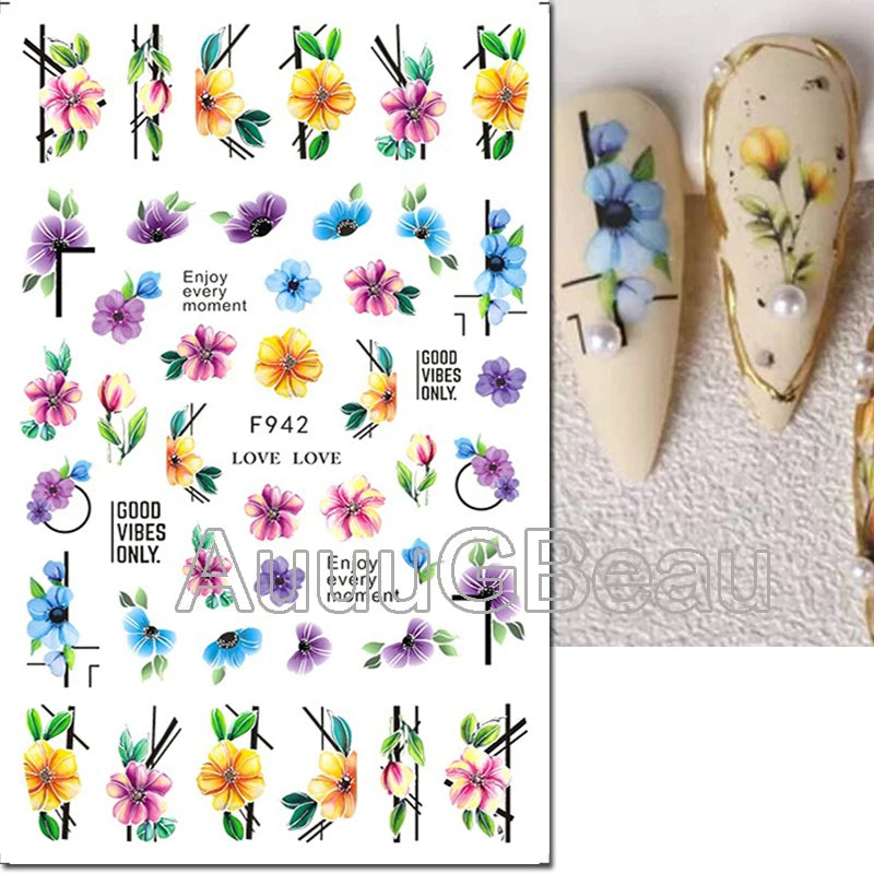 3d Nail Art Decals Geometric Lines Coconut Tree Palms Leaves Flowers Adhesive Sliders Nail Stickers Decorated Manicure