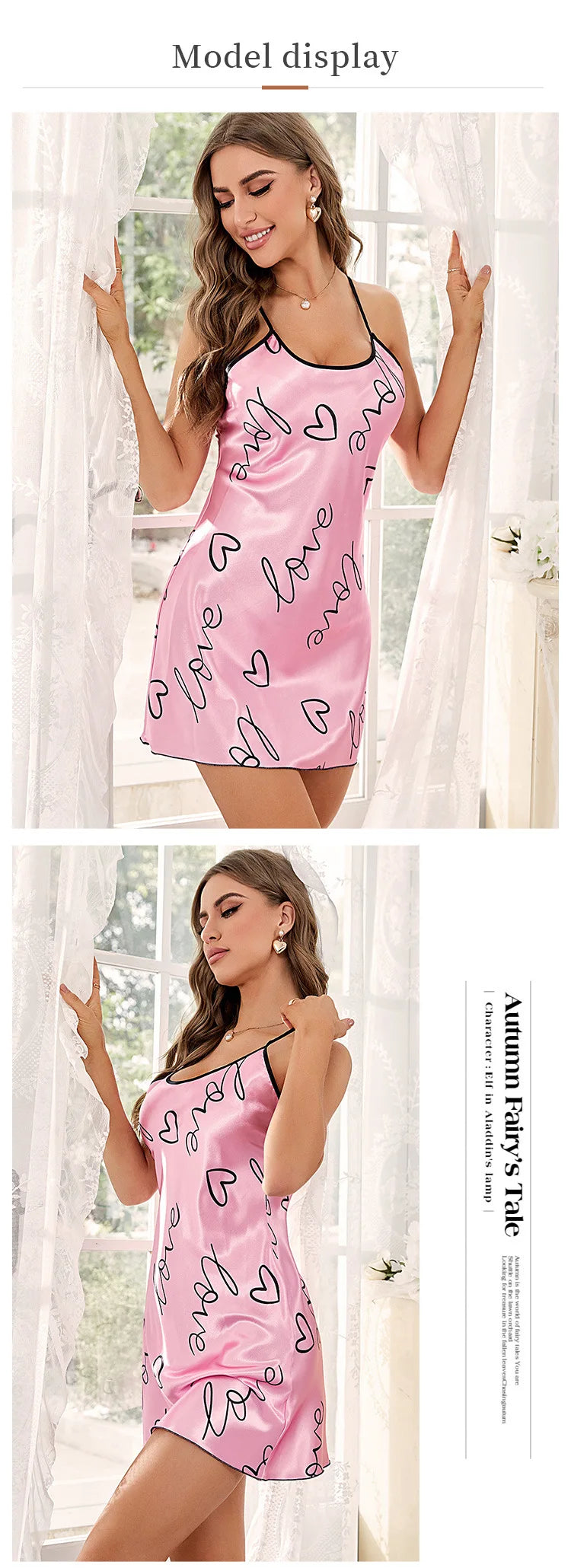 Heart Print Nightdress Elegant Scoop Neck Criss Cross Back Sleep Dress Women's Sleepwear