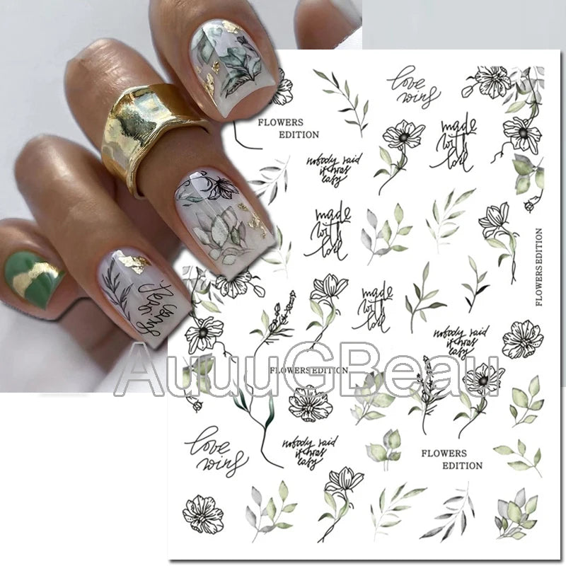 3d Nail Art Decals Geometric Lines Coconut Tree Palms Leaves Flowers Adhesive Sliders Nail Stickers Decorated Manicure
