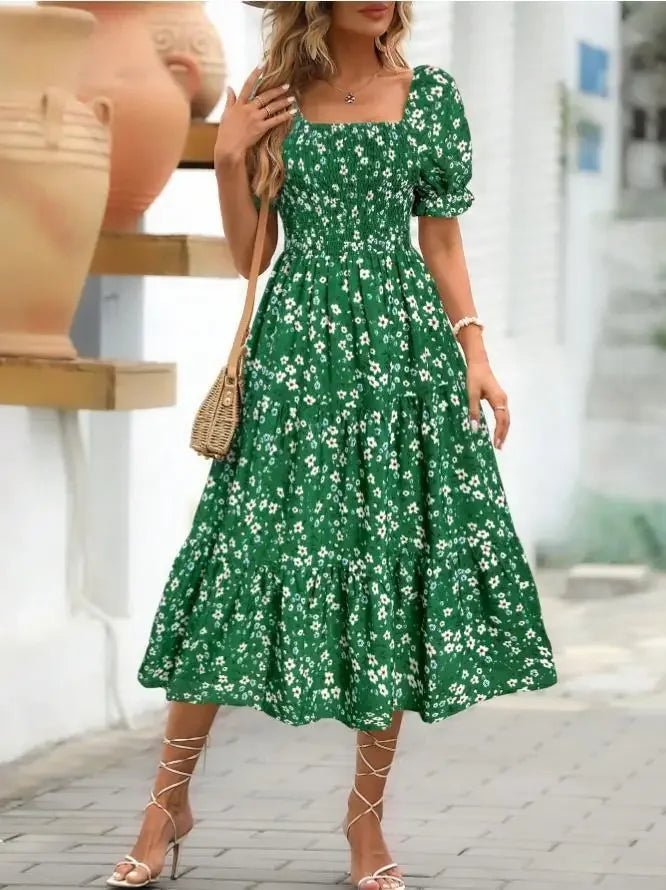 2025 New Women's Printed Dress Square Collar Bubble Sleeve Empire Waist Midi Dress Short Sleeve Cross-Border Independent Station