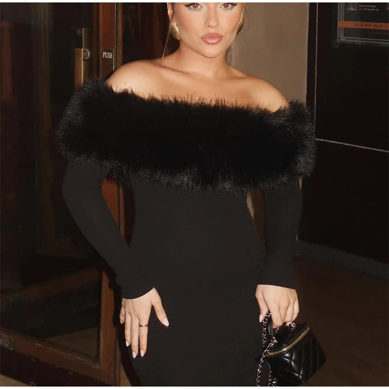 Faux Fur Patchwork Strapless Dress Women Sexy Off-shoulder Full Sleeve Cinched-waist Slim Gowns Lady Chic Evening Party Dresses