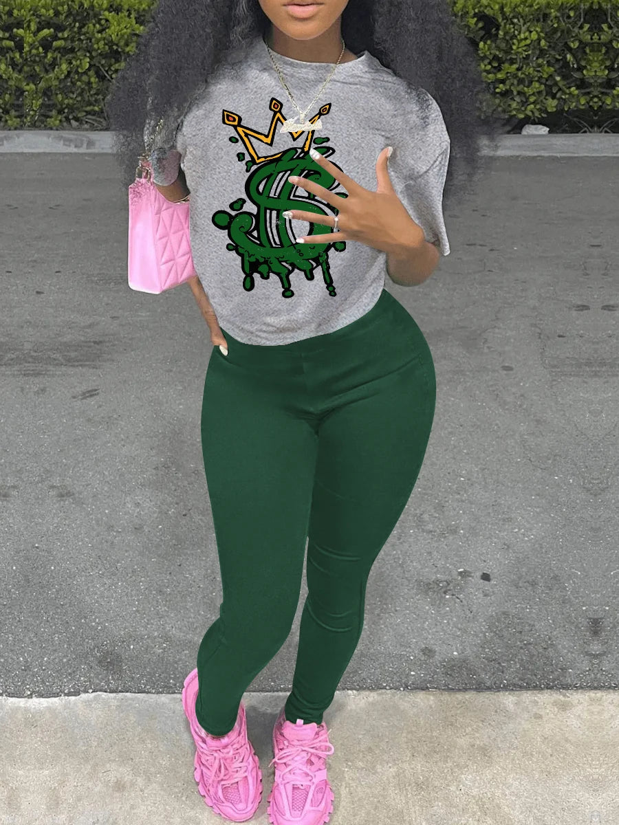 Crown Letter Print Pants Set Y2K Summer Round Neck Graphic Short Sleeve T-shirt & Skinny Pants Suit 2 Piece Sets Women Outfit
