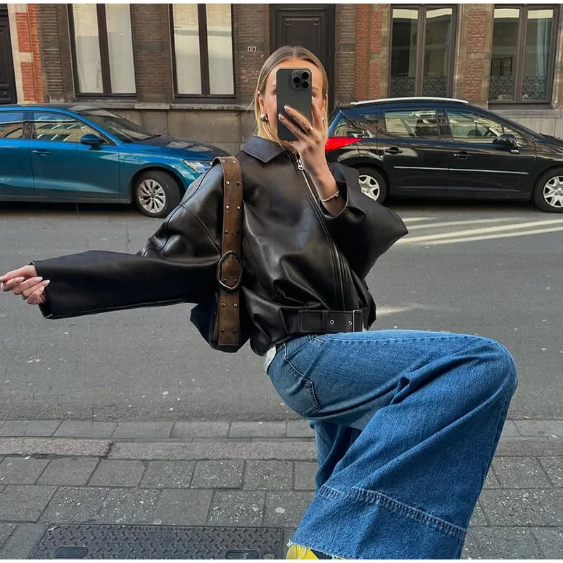 Chaqueta Bomber de Cuero PU Estilo Vintage