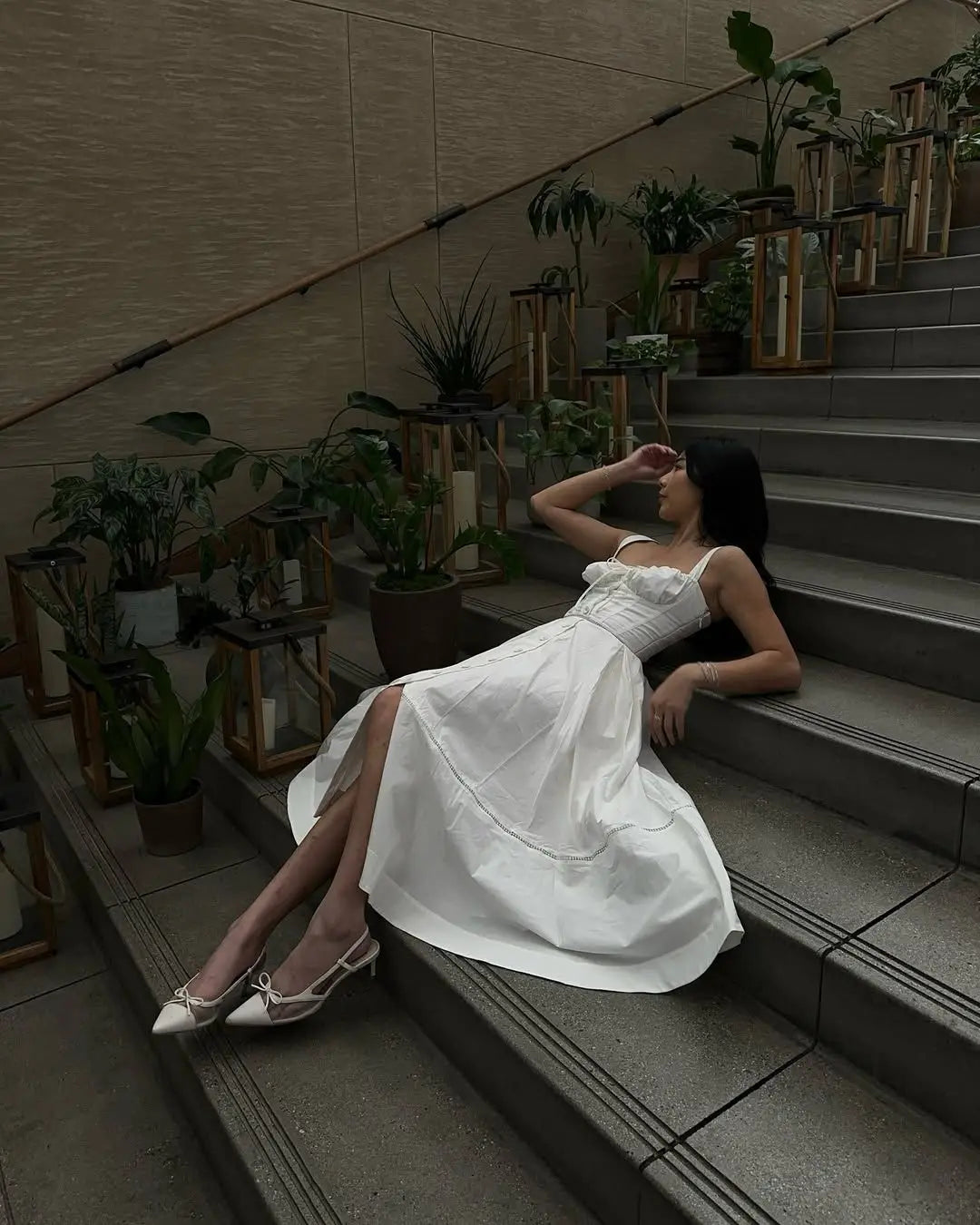 YENKYE Sexy Lace Up Bandage Back Elegant White Sling Dress Women Front Button A-line Cotton Corset Style Summer Dress Midi Robe