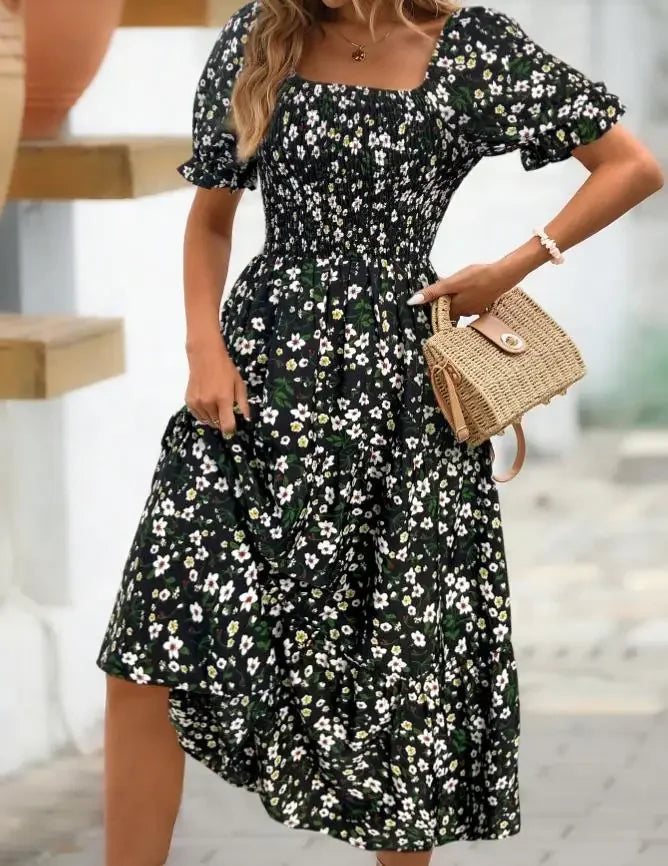 2025 New Women's Printed Dress Square Collar Bubble Sleeve Empire Waist Midi Dress Short Sleeve Cross-Border Independent Station