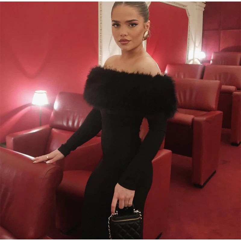 Faux Fur Patchwork Strapless Dress Women Sexy Off-shoulder Full Sleeve Cinched-waist Slim Gowns Lady Chic Evening Party Dresses
