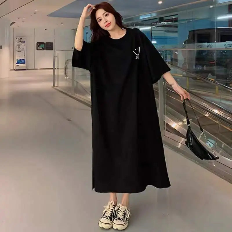 Women's Summer New Short Sleeved T-shirt Dress Loose Mid Length Over Knee Dress