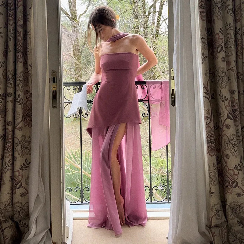 Elegant Women's Strapless Ribbon Long Dress Mesh Maxi Dresses Summer Evening Party Wedding Guest White Yellow Burgundy Brown New