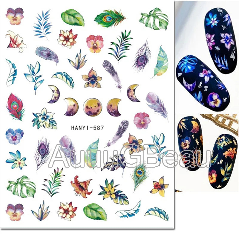 3d Nail Art Decals Geometric Lines Coconut Tree Palms Leaves Flowers Adhesive Sliders Nail Stickers Decorated Manicure