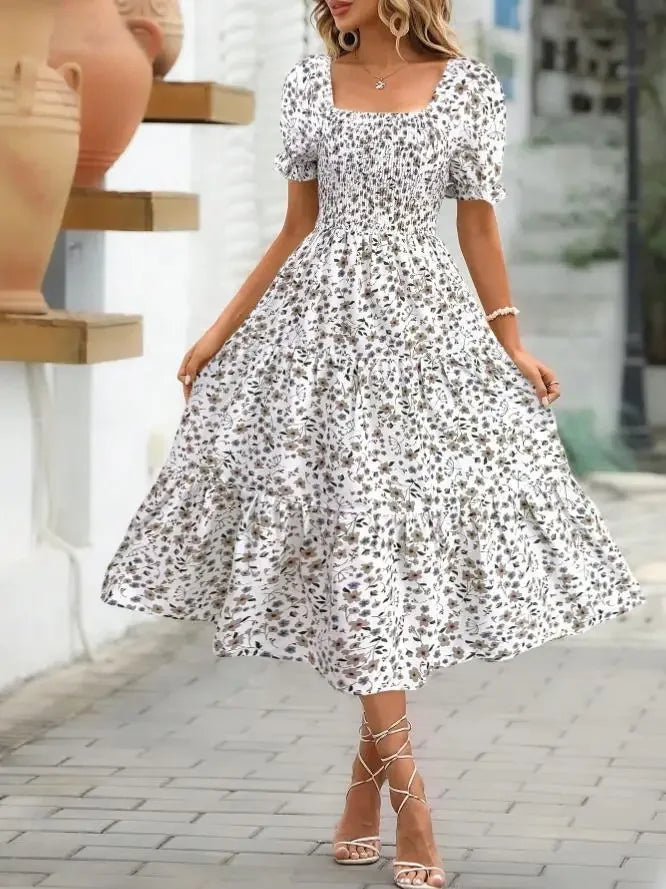 2025 New Women's Printed Dress Square Collar Bubble Sleeve Empire Waist Midi Dress Short Sleeve Cross-Border Independent Station