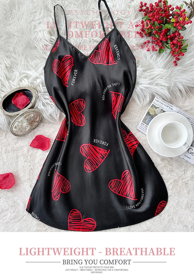 Print Satin Slip Nightdress V Neck Backless Mini Sleep Dress Women Sleepwear Dresses Nightgown Cosplay Sexy Pajama