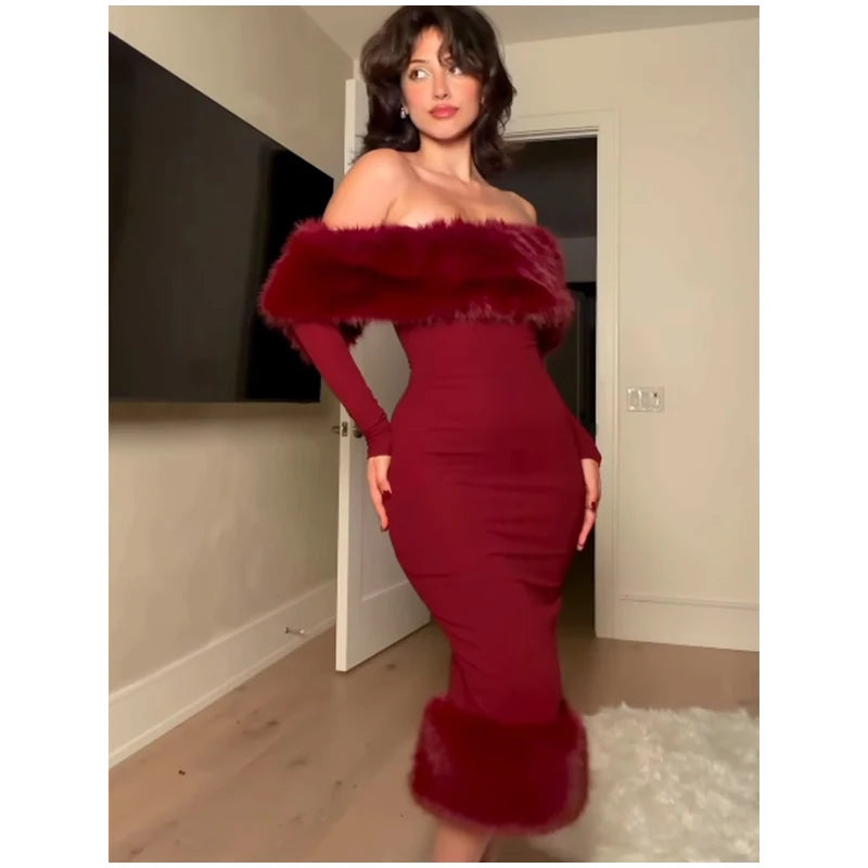 Faux Fur Patchwork Strapless Dress Women Sexy Off-shoulder Full Sleeve Cinched-waist Slim Gowns Lady Chic Evening Party Dresses