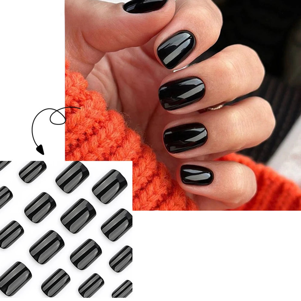 120pcs Short Square Glossy Black Press on Nails Soft Gel Natural Round Square False Nails Reusable Full Cover Acrylic Fake Nails
