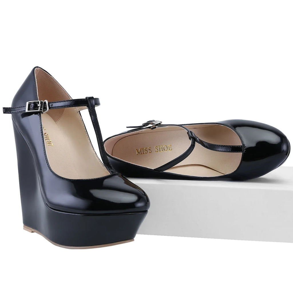 Women Platform Wedge Pumps Autumn Winter 14cm Super Round Toes High Heels T-Strap Gladiator Ladies Dress Party Wedding Shoes